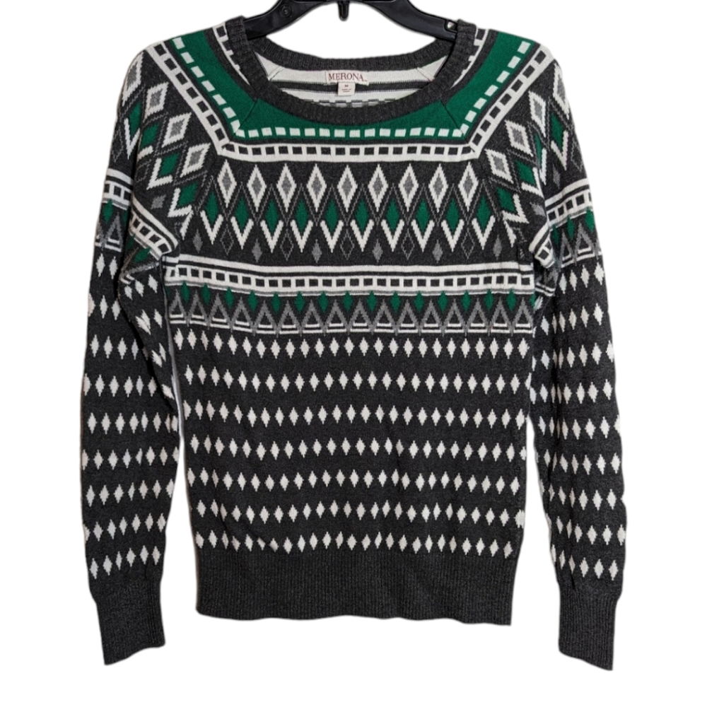 Merona Size M Geometric Pattern Green, Gray, White Sweater (M208)